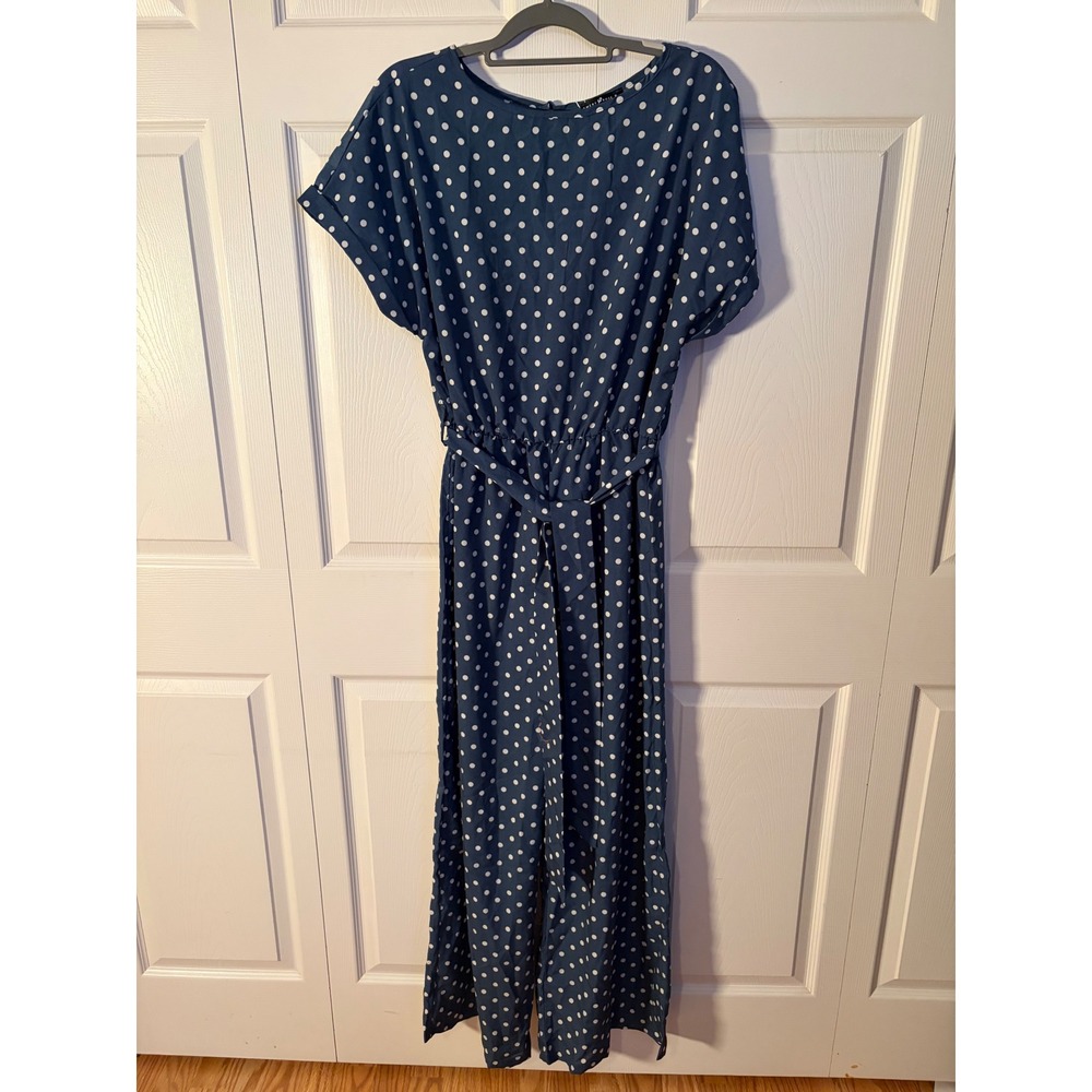 Emery Rose Womens Polka Dot Wide Leg Jumpsuit Navy Blue White XL NWT